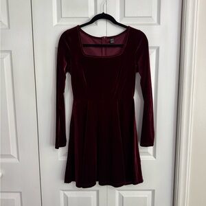 SHEIN Velvet Long Sleeve Dress in Deep Burgundy